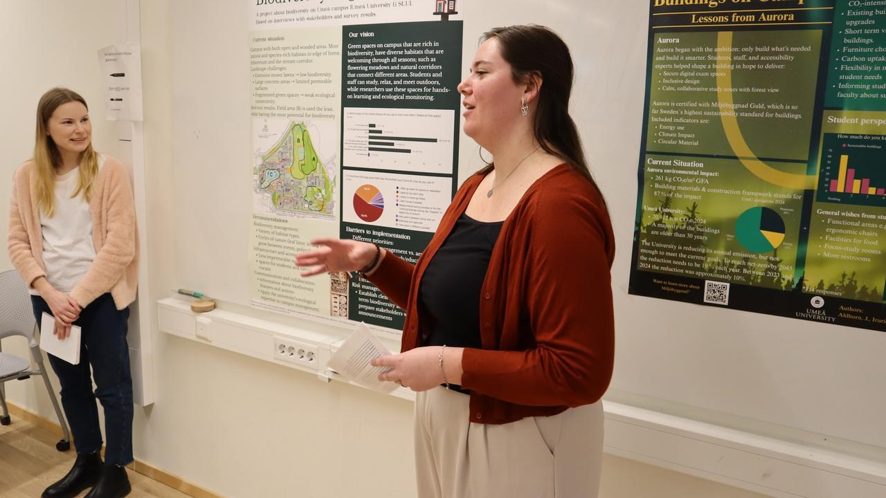 Bild på studenterna Nadine Peels och Jenny Ojala, stående vid posters under redovisning av projekt.