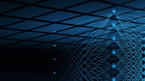 3D-illustration med neurala nätverk och ett blått människoansikte för att illustrera artificiell intelligens.