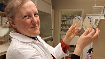 Bild på Teresa Frisan i labbet hållande i petriskålar.
