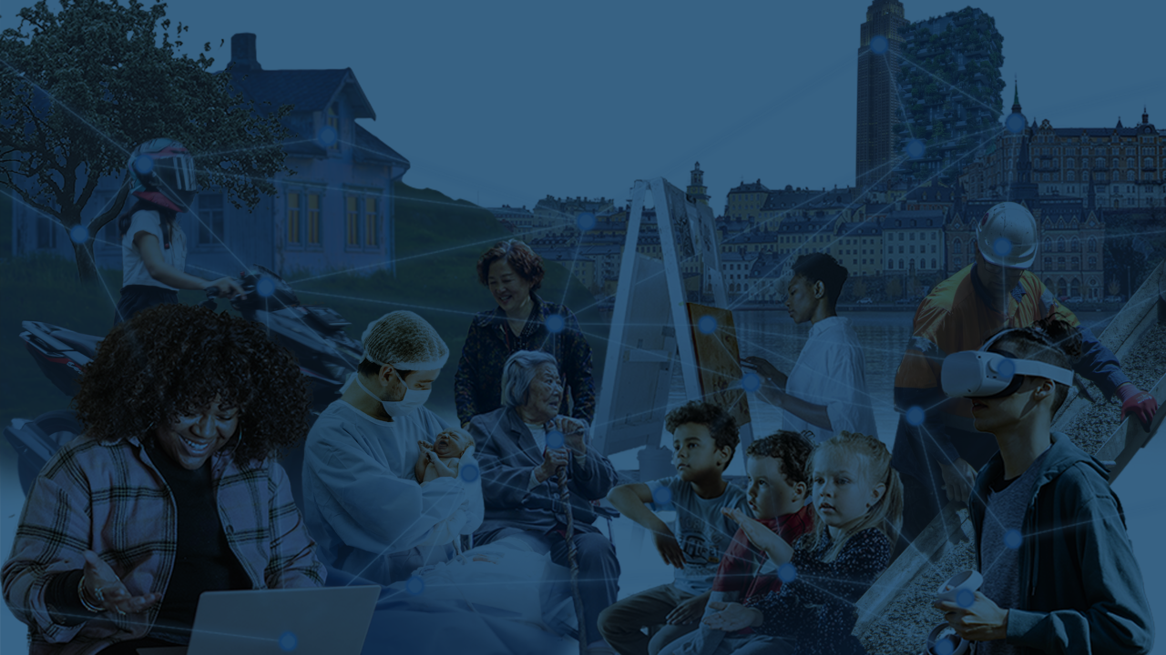 Mörkblått tonad bild med ett kollage av människor i olika åldrar och med olika aktiviteter, i bakgrunden syns byggnader