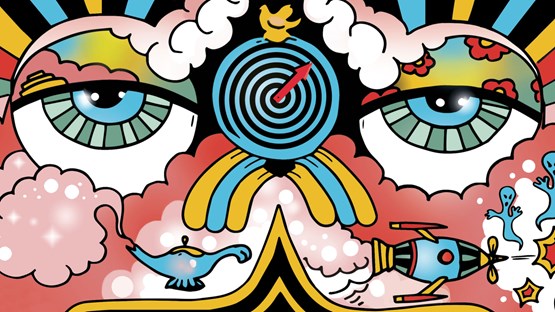 Illustration med två ögon omgiven av färgglada detaljer.