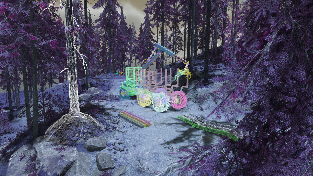 Digital bild av maskin i skog.