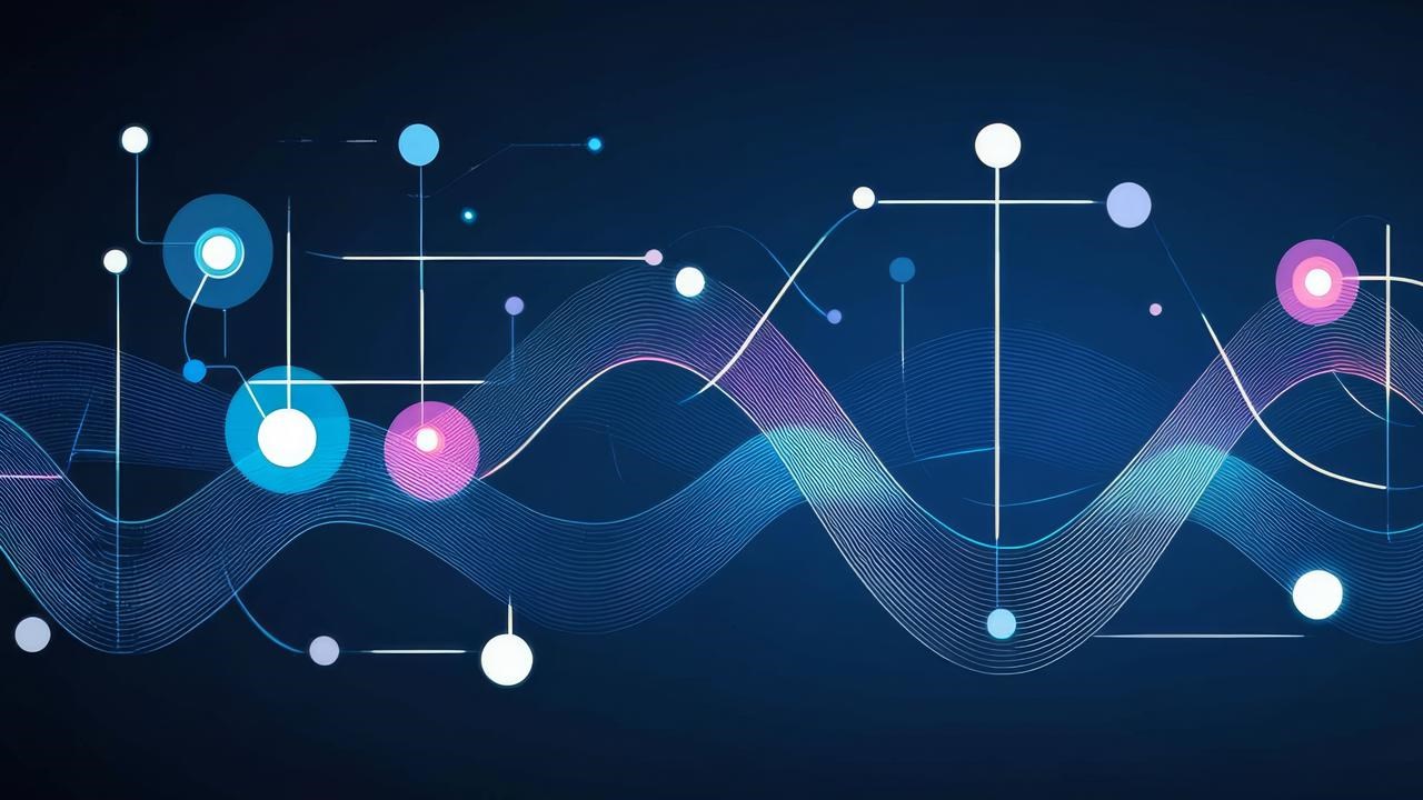 En blå och rosa abstrakt bakgrund med cirklar och linjer.
