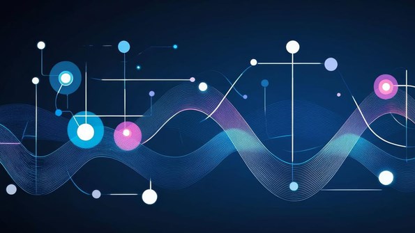 En blå och rosa abstrakt bakgrund med cirklar och linjer.