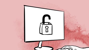 Illustration händer på tangentbord framför en datorskärm med ett upplåst hänglås.