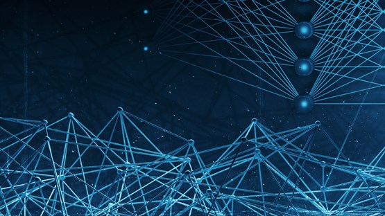 3D-illustration med neurala nätverk och ett blått människoansikte för att illustrera artificiell intelligens.