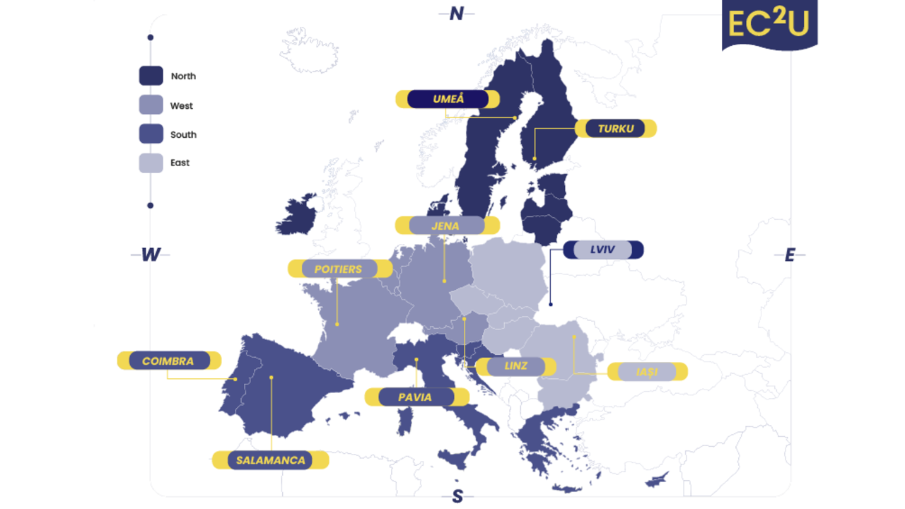Illustrativ Europakarta som visar deltagande länder i alliansen EC2U