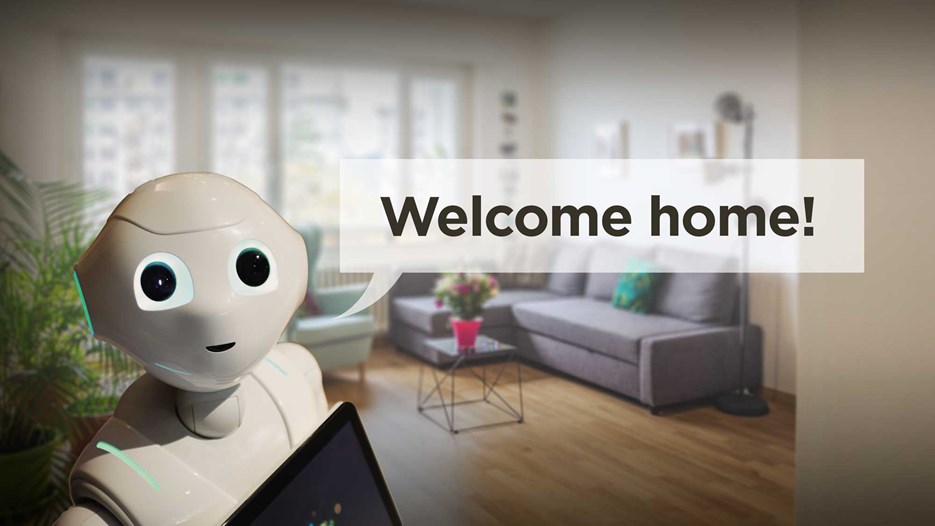 En social robot hälsar välkommen hem. 