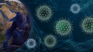 Bild på jordglob omringad av Coronavirus