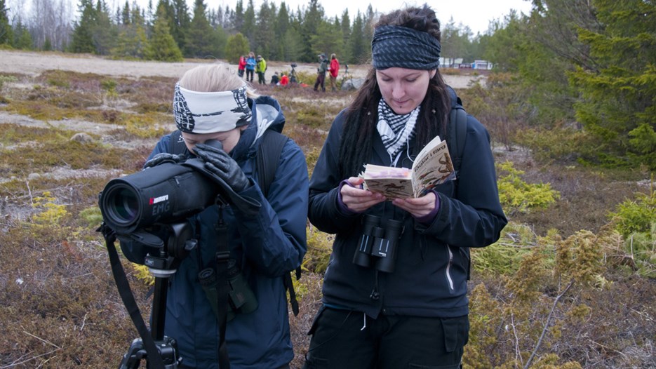 Biologistudenter på fågelexkursion
