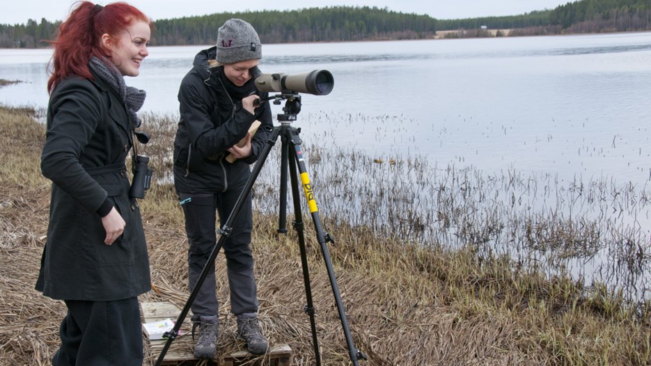 Biologistudenter på fågelskådning