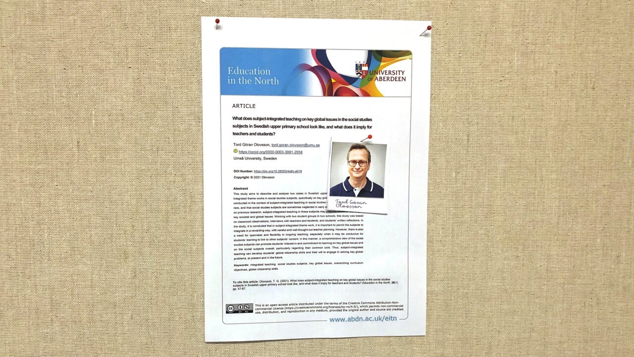 Tord Göran Olovssons artikel i tidskriften Education in the North